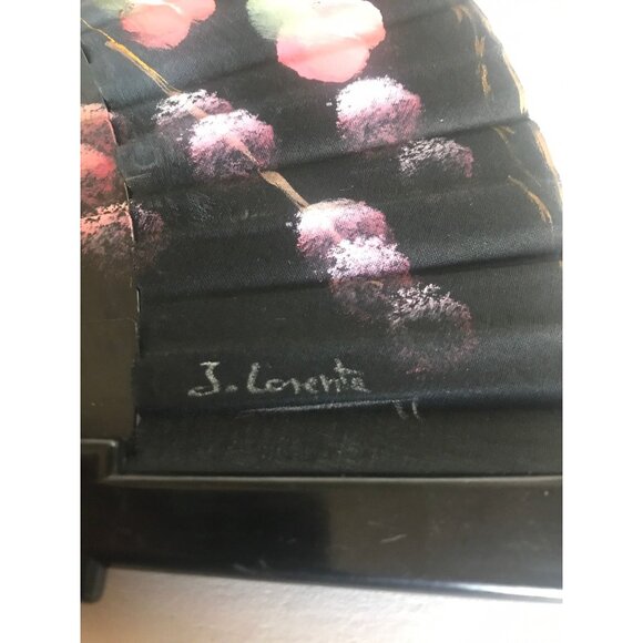 Vintage Hand Held Silk Paper Fan Signed By the Artist Black With Hand Painted - Picture 2 of 10